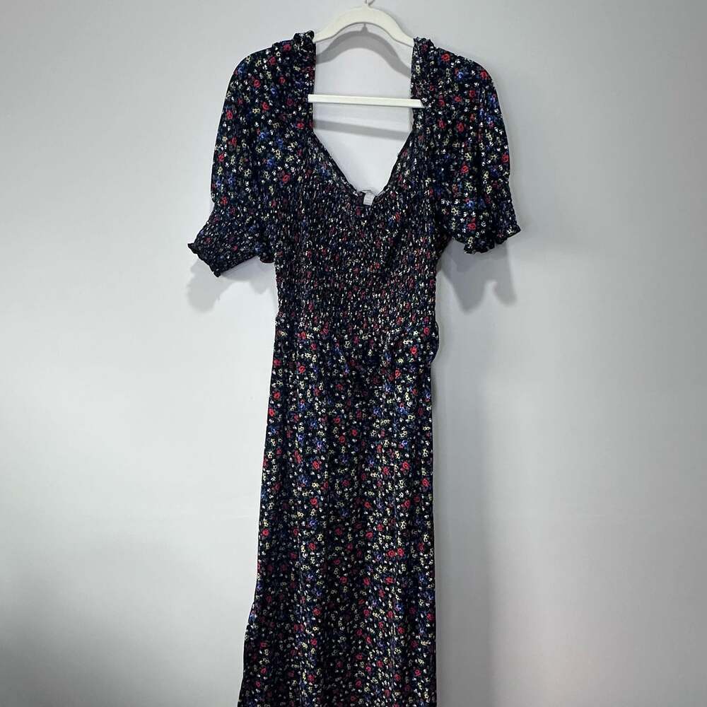 ASOS Black Floral Smocked Empire Waist Midi Dress with Puff Sleeves